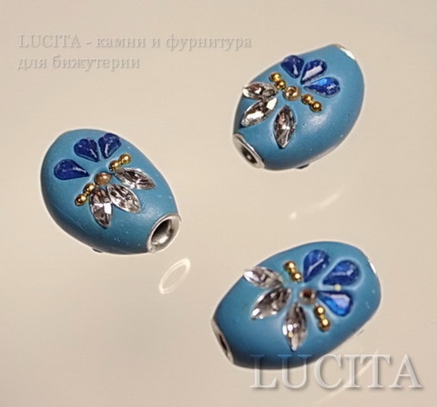 Бусина "Индонезийская" ручной работы голубая, овальная плоская, 21х16х10 мм