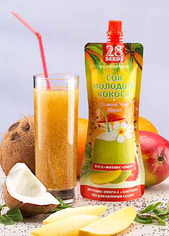 Сок молодого кокоса + Семена Чиа + Манго, без сахара, 250 г