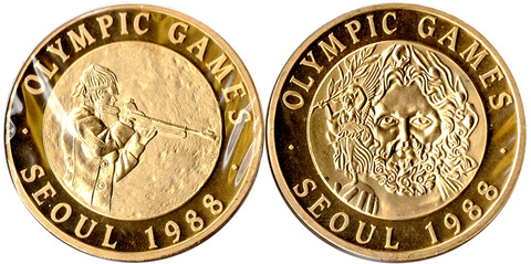 Настольная Медаль Олимпийские игры в Сеуле 1988 Стрельба. 40мм Пруф