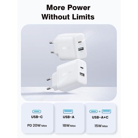 Зарядное устройство UGREEN X227 (45310) 20W USB-A+USB-C PD Charger EU, белый