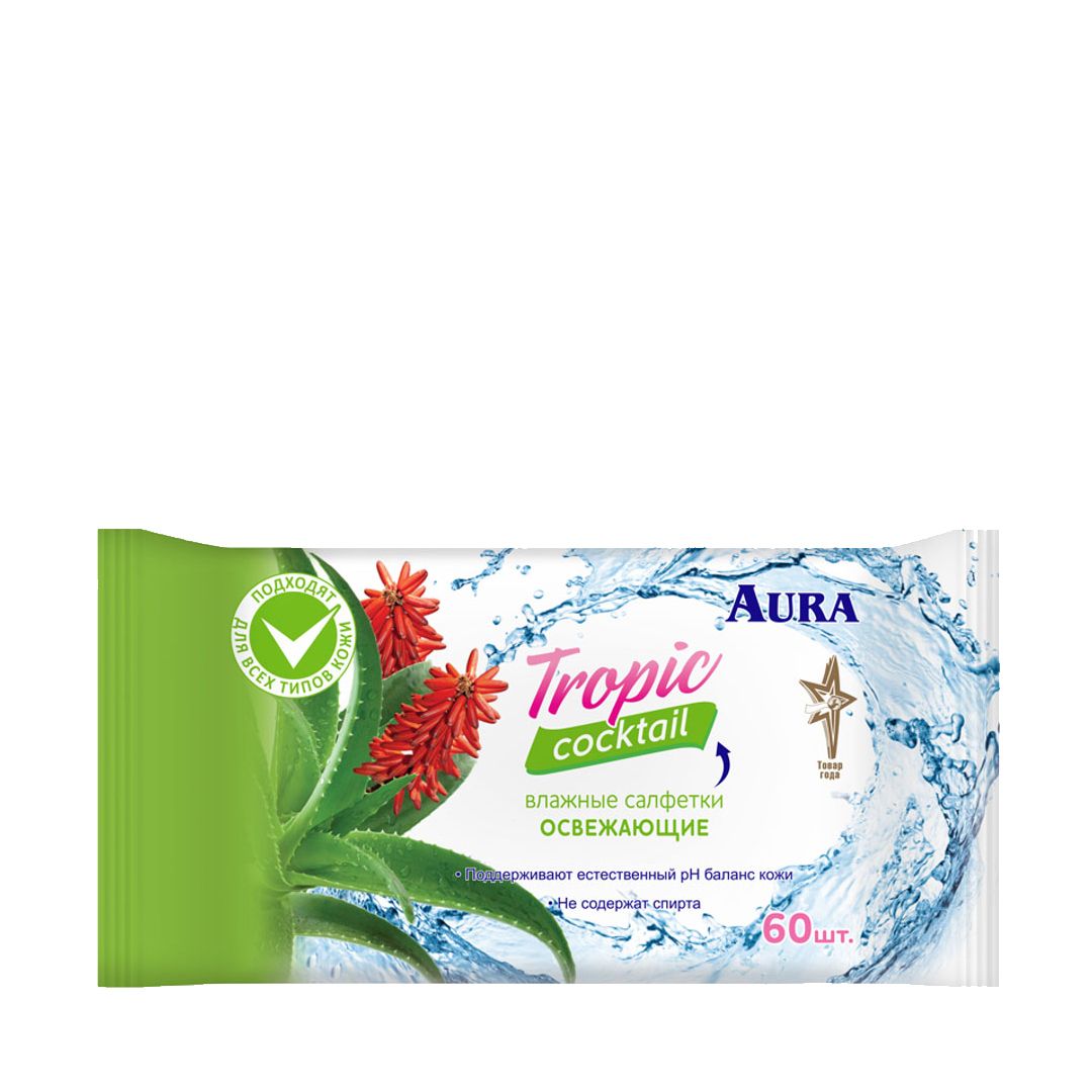 Салфетки влажные Aura Tropical coctail, 60шт. освежающие - купить по  выгодной цене | Besen shop. Магазин товаров для дома и бытовой химии.