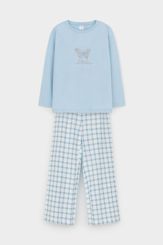 пижама  для девочки  К 1623/голубое стекло,клетка