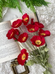 Мак искусственный, бархатистая ножка, 3 цветка + 1 бутон на ветке, 60 см, набор 3 ветки.