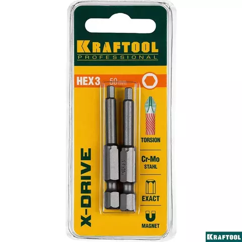 KRAFTOOL X-Drive HEX 3, 50 мм, 2 шт, Торсионные биты (26127-3-50-2)