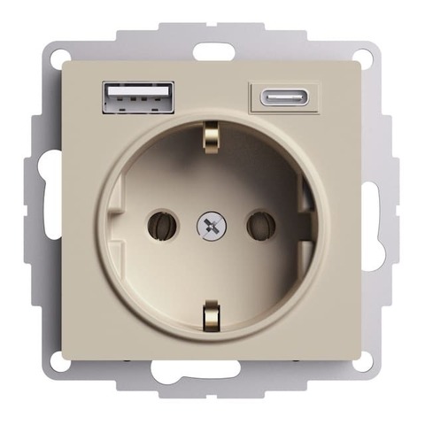 Розетка электрическая с USB зарядкой 2R+З/USB тип A и C  250В 16А / 5В 3А. Цвет Песочный. Schneider Electric AtlasDesign. ATN001232
