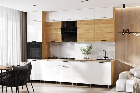 ЛДСП Кухня Рио NEW 3,0/1080м (490) Компановка №3/1 (Белый глянец/Дуб Крафт, Дуб Крафт (Дуб вотан))