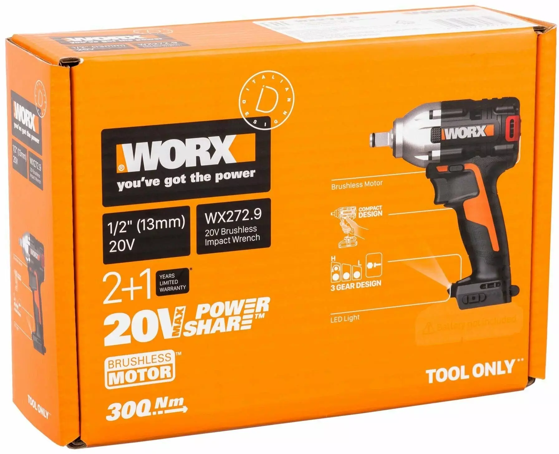 Гайковерт аккумуляторный WORX WX272.9, 20В, бесщеточный, без АКБ и ЗУ