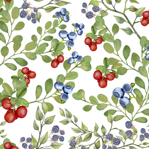 Seamless texture of branches of green grass and wild berries on a white background.