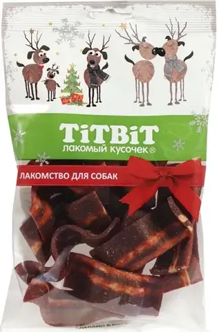 Titbit лакомство для собак стрипсы с беконом и говяжьим легким 100г