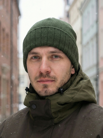 Шапка полушерстяная двойной вязки с флисовой подкладкой (олива)