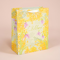 Пакет подарочный S вертикальный, 8 Марта, Солнечная мимоза, с блестками, 18*23*10 см (Д*В*Ш), 1 шт.
