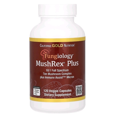 California Gold Nutrition, Fungiology, MushRex Plus, комплекс грибов полного спектра, сертифицированный органический продукт, Immune Assist™ Micron, 120 капсул Plantcap