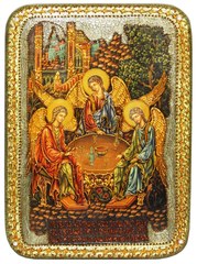 Инкрустированная икона Троица 29х21см на натуральном дереве в подарочной коробке