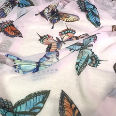 Ткань    шифон шелковый розовый с бабочками большими 1126