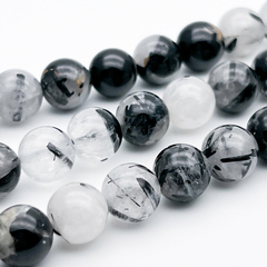 Кварц с шерлом бусины, диаметр около 10-10,3 мм, цена за 9 шт (1/4 нити)