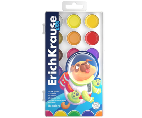 Краски акварельные ErichKrause Kids Space Animals медовые с УФ защитой яркости 18 цветов (в пластиковой коробке с европодвесом) Арт.61361