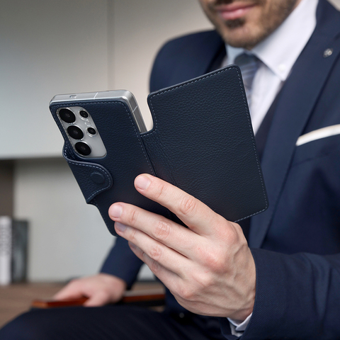 Чехол с кардхолдером для Samsung Galaxy S25 Ultra из кожи теленка, синего цвета