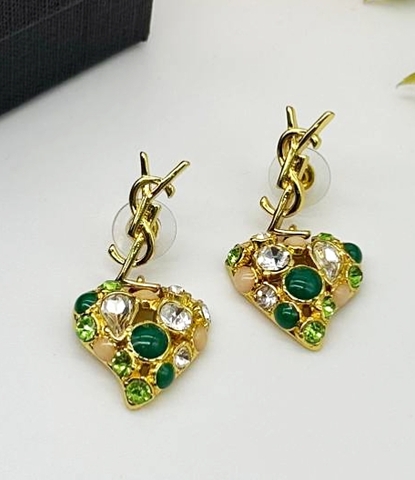 Серьги два сердца из латуни YSL с цветными камнями