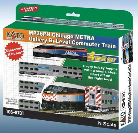 Стартовый набор с  поездом  Kato MP36PH Chicago METRA ,платформой с освещением, набором путей V6 и пультом управления