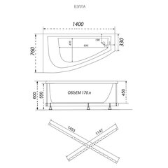 ВАННА АКРИЛОВАЯ TRITON БЕЛЛА ЭКСТРА 1400х760 правая с каркасом и сифоном