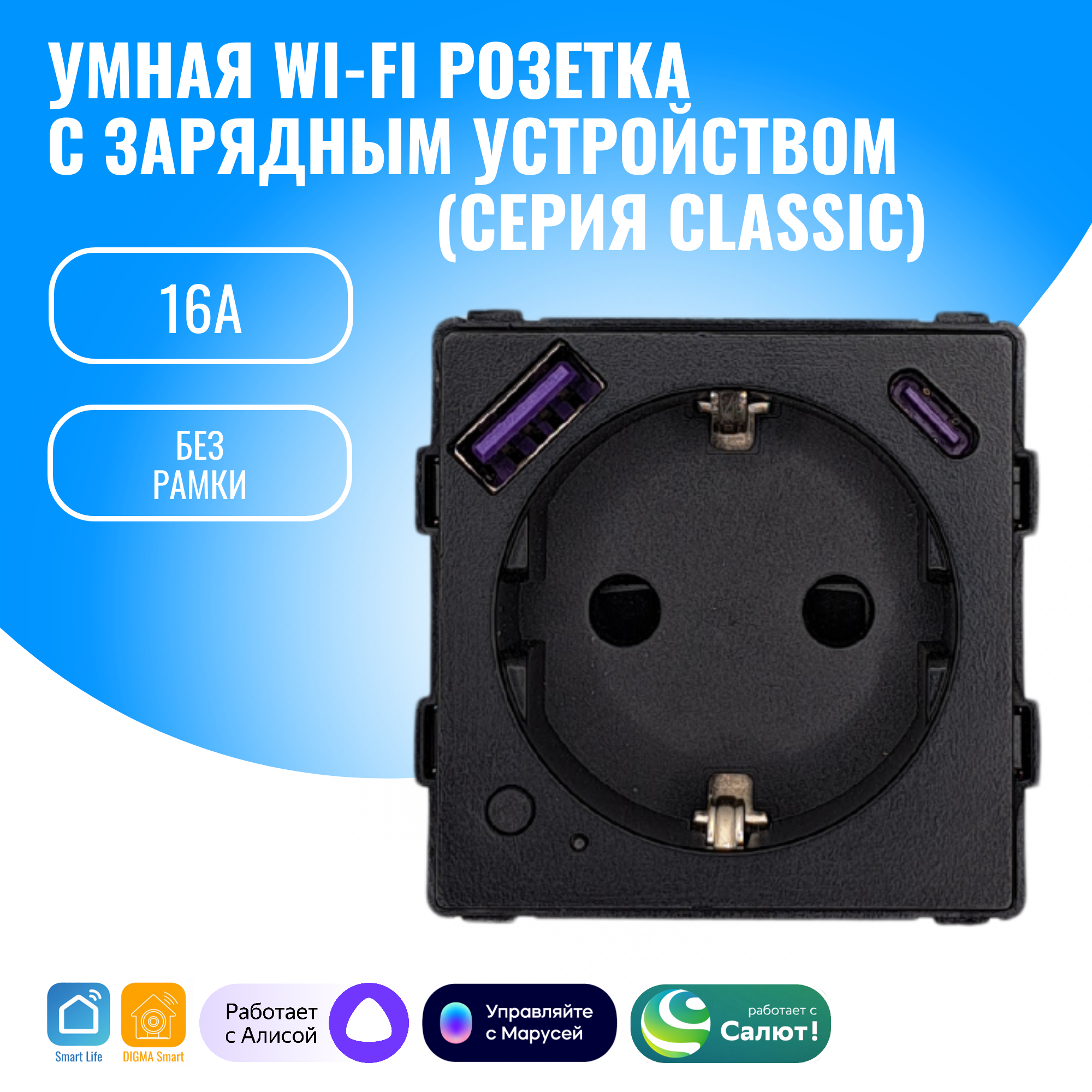 Умная WiFi розетка встраиваемая с USB и Type-C Smart Aura модуль без рамки (черный)