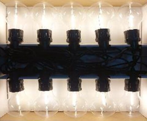 Гирлянда уличная 5м/10л, лампочка-прозр РЕТРО(большая), цвет-т/бел(пост.свеч.), черн пр, с переходником,  УЛИЦА, в упак  Теплый Белый