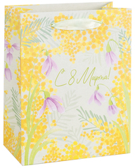 Пакет подарочный S вертикальный, 8 Марта, Солнечная мимоза, с блестками, 18*23*10 см (Д*В*Ш), 1 шт.