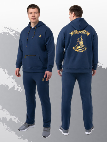 Худи цвета синего денима с логотипом, без лампасов. Плотный футер