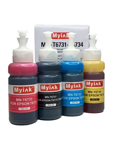 Чернила MyInk для Epson Ecotank L100, L110, L120, L122, L132, L200, L210, L222, L312, L300, L310, L350, L355, L366, L362, L382, L386, L364, L456, L486, , L550, L566, L555, L1300, L3050, L3060, L3070 (T6731-T6734), водные, комплект 4 цвета по 70 мл