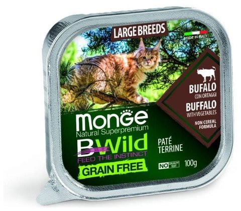 Monge Cat BWild GRAIN FREE беззерновые консервы из буйвола с овощами для кошек крупных пород 100г