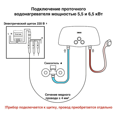 Водонагреватель проточный Zanussi 3-logic 6,5 TS (душ+кран)