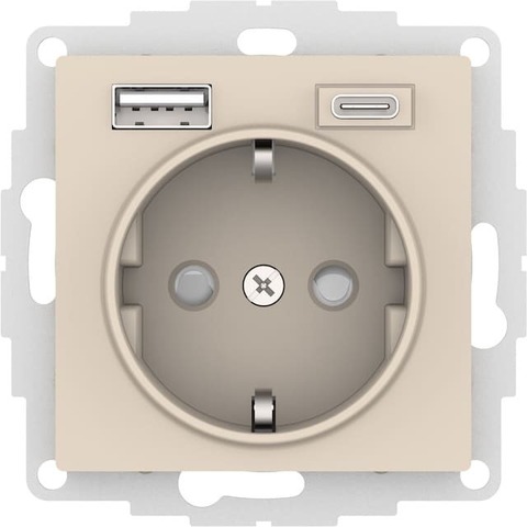 Розетка электрическая с USB зарядкой 2R+З/USB тип A и C  250В 16А / 5В 3А. Цвет Бежевый. Schneider Electric AtlasDesign. ATN000232
