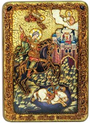 Инкрустированная икона Чудо Димитрия Солунского о царе Калояне 29х21см на натуральном дереве в подарочной коробке