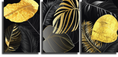Модульная картина "Тропические листья черно-золотые"