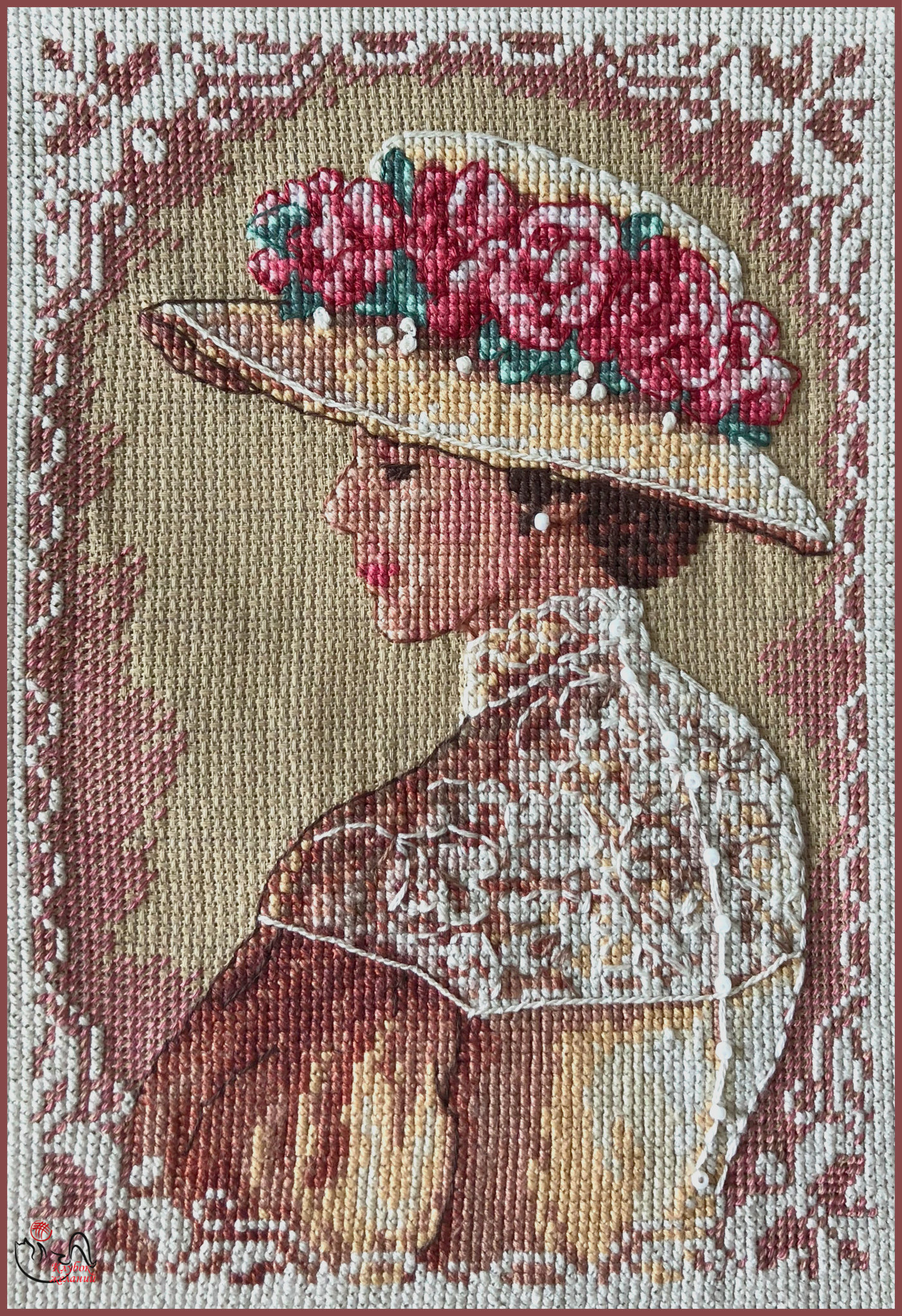 Схема вышивки: Дама в шляпке с цветами