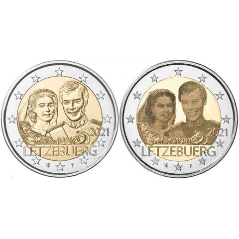 2 евро 2021 Люксембург Комплект из двух монет  40-летие свадьбы великого князя Анри. UNC