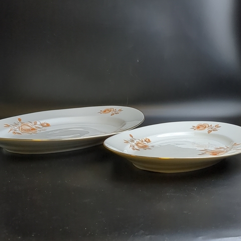 Блюда овальные для сервировки 2 штуки разных размеров, фарфор, роспись, из сервиза "Коралловая роза", золочение, EPIAG D.F Чехословакия, винтаж времен СССР 1960-1990 гг