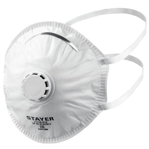 STAYER KV-80, класс защиты FFP1, коническая, 10 шт в коробке, фильтрующая полумаска с клапаном выдоха (11110-H10)