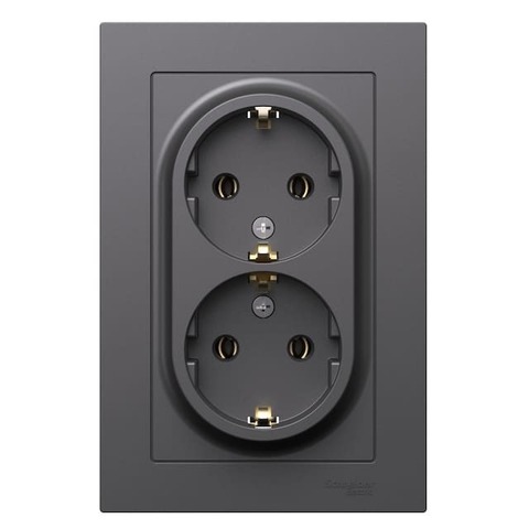 Розетка двойная с заземлением, 16А, в сборе. Цвет Базальт. Schneider Electric AtlasDesign. ATN001424