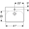 Раковина Geberit Smyle Square, с асимметричным переливом: Белый, B=45см, H=16см, T=36см, Отверстие под смеситель=По центру, Перелив=На виду