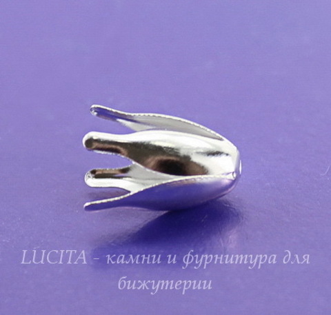 Шапочка для бусины в виде цветка (цвет - серебро) 13х8  мм, 10 штук