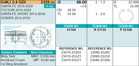 ПОРШЕНЬ STD SANTA FE DM, TM, SONATA LF, SORENTO XM, UM ДВИГ THETA 2 2.4 Л GDI G4KJ TEIKIN 88,0 1,2-1,2-2,0 (+ПАЛЕЦ)