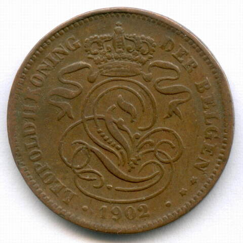2 сантима 1902 год. Бельгия (Леопольд II). Надпись на голландском - DER BELGEN. Медь, диаметр 21.5 мм. VF