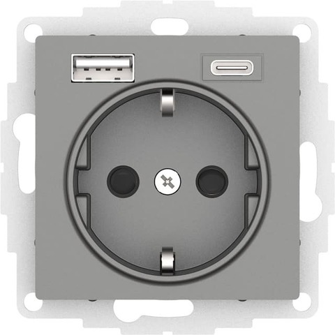 Розетка электрическая с USB зарядкой 2R+З/USB тип A и C  250В 16А / 5В 3А. Цвет Сталь. Schneider Electric AtlasDesign. ATN000932