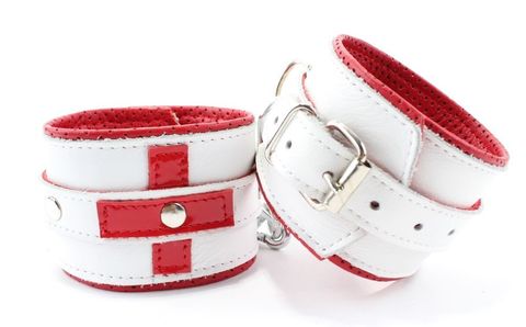 Бело-красные кожаные наручники для медсестры - БДСМ Арсенал 51033ars
