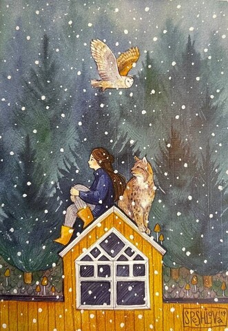 Открытка Девушка Зима сидит на крыше| КП