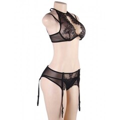 Комплект белья черный: бра, стринги и пояс с ремешками (размер XL-2XL)