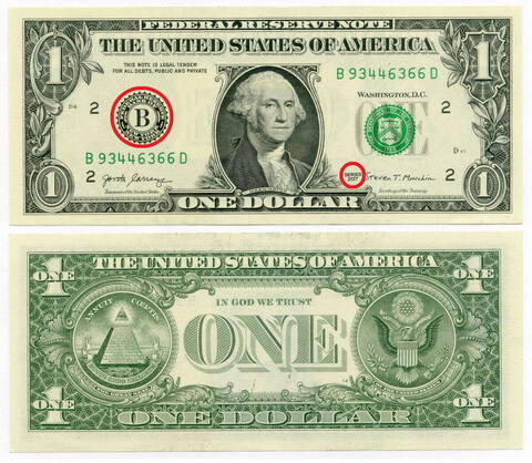 Банкнота США 1 доллар 2017 В 93446366 D (Нью-Йорк). АUNC