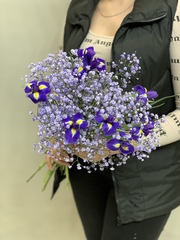 Букет цветов Ирисы с гипсофилой в ленте