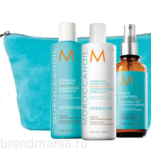 НАБОР MOROCCANOIL УВЛАЖНЯЮЩИЙ ДЛЯ ВОЛОС (ШАМПУНЬ УВЛАЖНЯЮЩИЙ ДЛЯ ВОЛОС / HYDRATING SHAMPOO, КОНДИЦИОНЕР УВЛАЖНЯЮЩИЙ ДЛЯ ВОЛОС / HYDRATING CONDITIONER, АНТИСТАТИК ДЛЯ ВОЛОС / FRIZZ CONTROL) + КОСМЕТИЧК